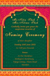 Traditional Arc With Pink & Green Theme Naming Ceremony Invitation Card