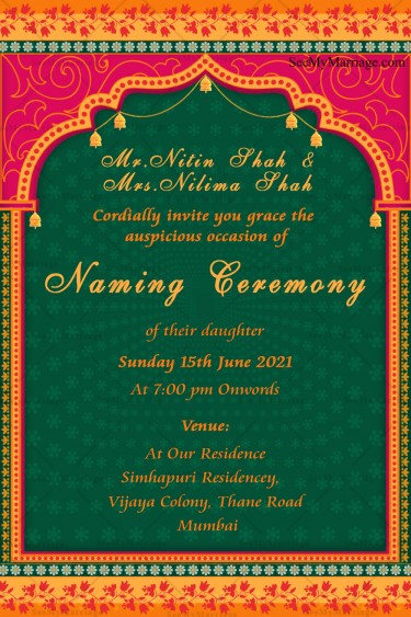 Traditional Arc With Pink & Green Theme Naming Ceremony Invitation Card