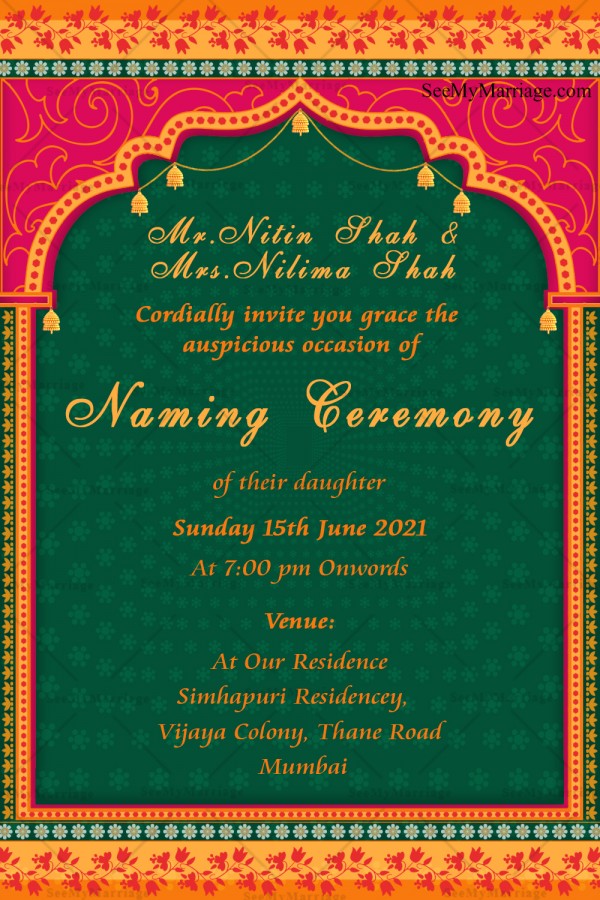 Traditional Arc With Pink & Green Theme Naming Ceremony Invitation Card ...