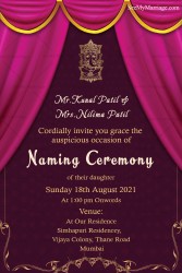 Traditional Pink Theme Naming Ceremony Invitation Card With Curtain