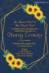 Sunflowers With Golden Frame Naming Ceremony Invitation Card Navy Theme