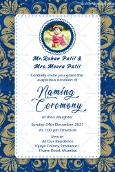 Golden Floral Naming Ceremony Invitation Card With Blue Theme