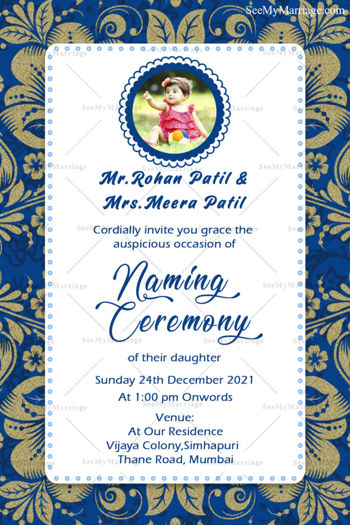 Golden Floral Naming Ceremony Invitation Card With Blue Theme