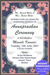 Navy Blue & Pink Theme With Simple Floral Annaprasana Ceremony Invitation Card