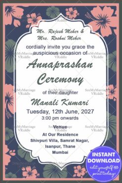 Navy Blue & Pink Theme With Simple Floral Annaprasana Ceremony Invitation Card