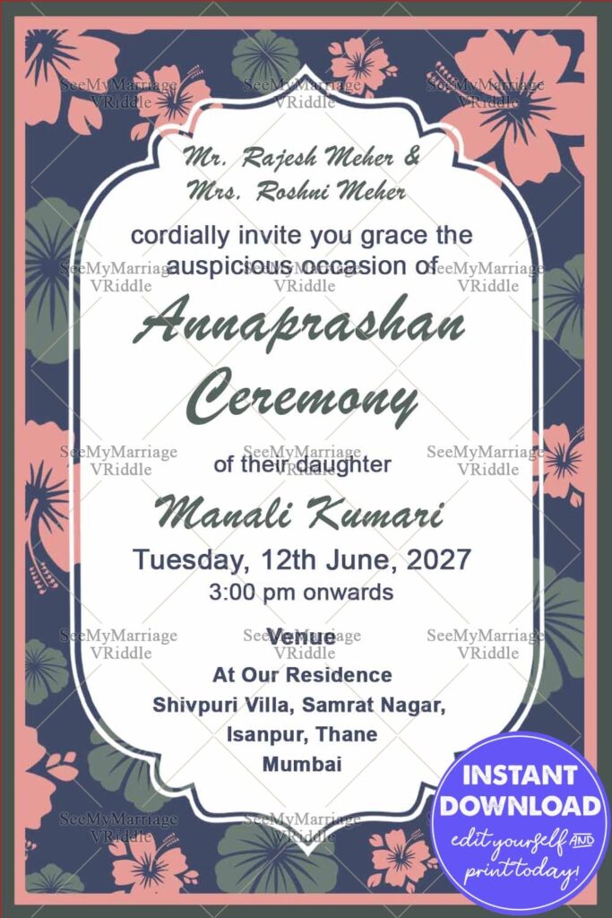 Navy Blue & Pink Theme With Simple Floral Annaprasana Ceremony Invitation Card