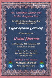 Traditional Upanayanam Ceremony Invitation Card In Navy Blue Theme With Pink Border