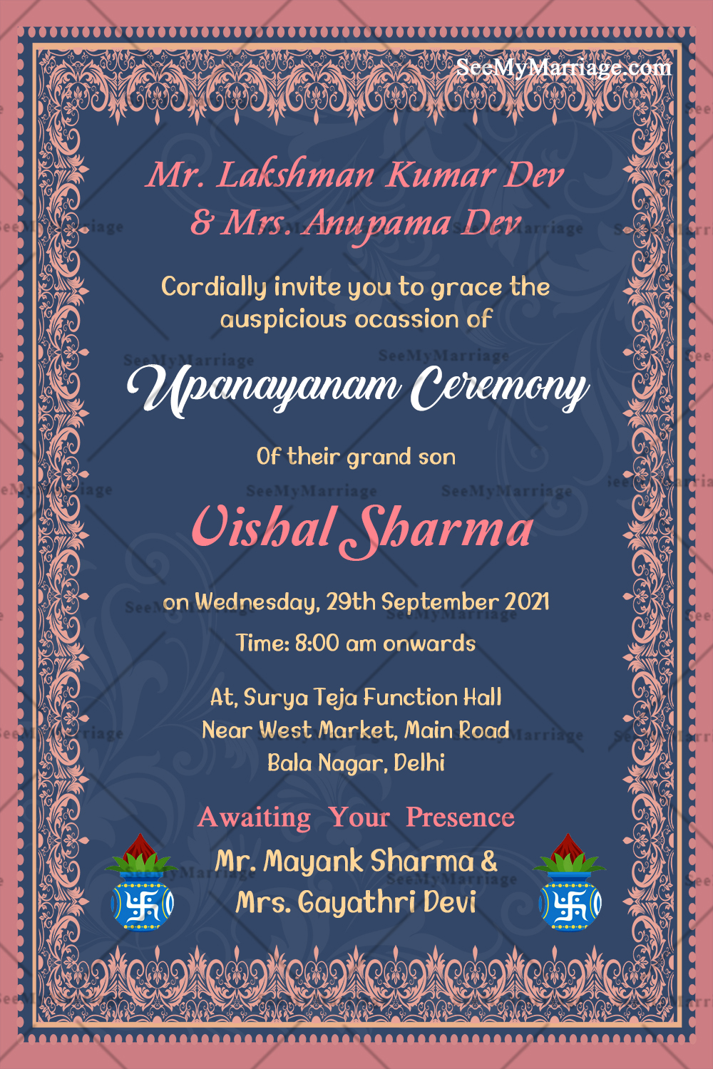 Traditional Upanayanam Ceremony Invitation Card In Navy Blue Theme With Pink Border