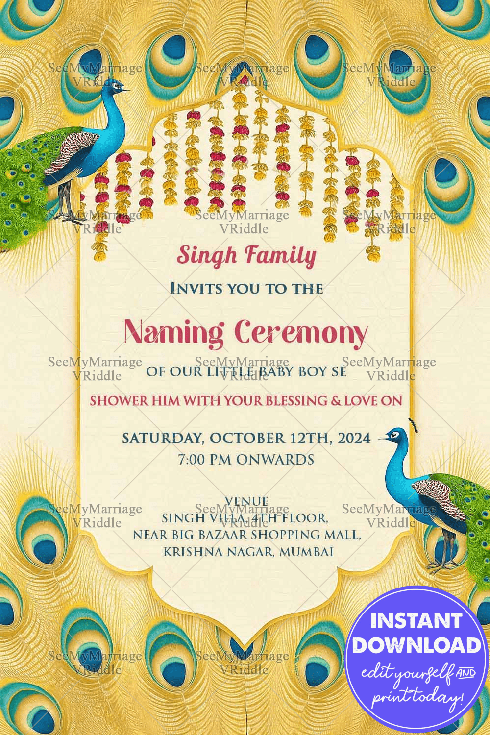 Peacock Design Royal Naming Ceremony Card