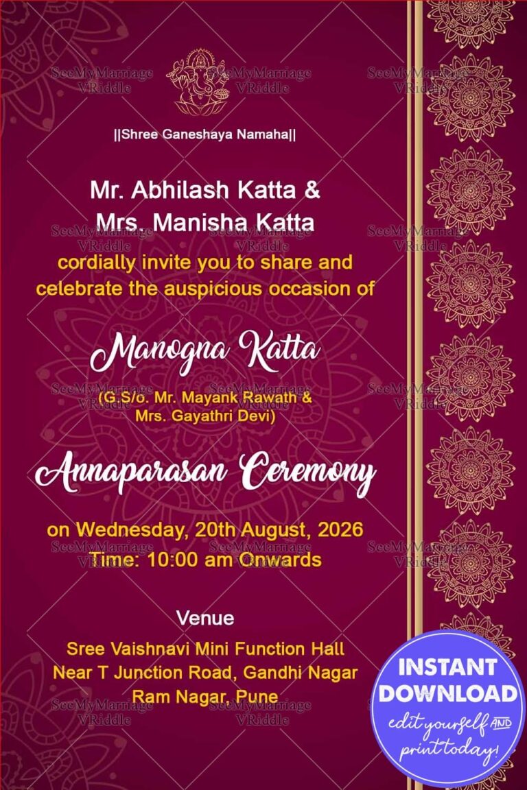 Purple Theme Golden Mandala Designed Annaprasan Invitation Card