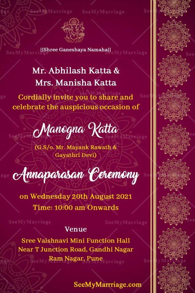 Purple Theme Golden Mandala Designed Annaprasan Invitation Card ...