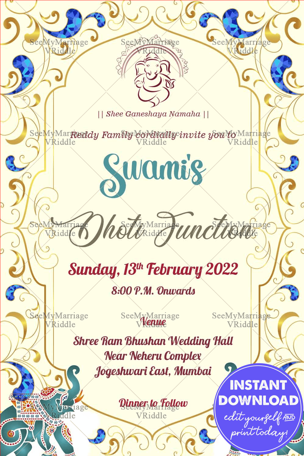 Royal Design Dhoti Function Invitation Card