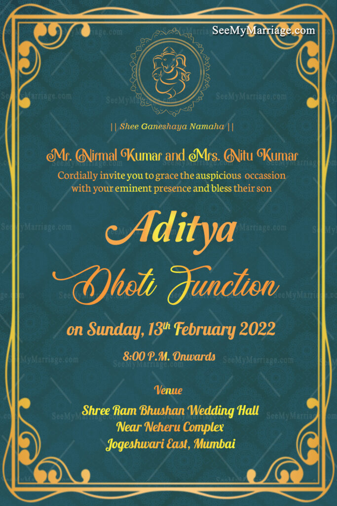 Royal Golden Boarder Dhoti Ceremony Invitation Card