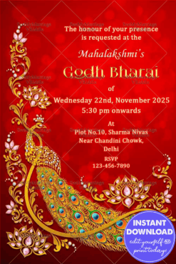 Royal Traditional Peacock and Red Theme Godh Bharai Invitation Card