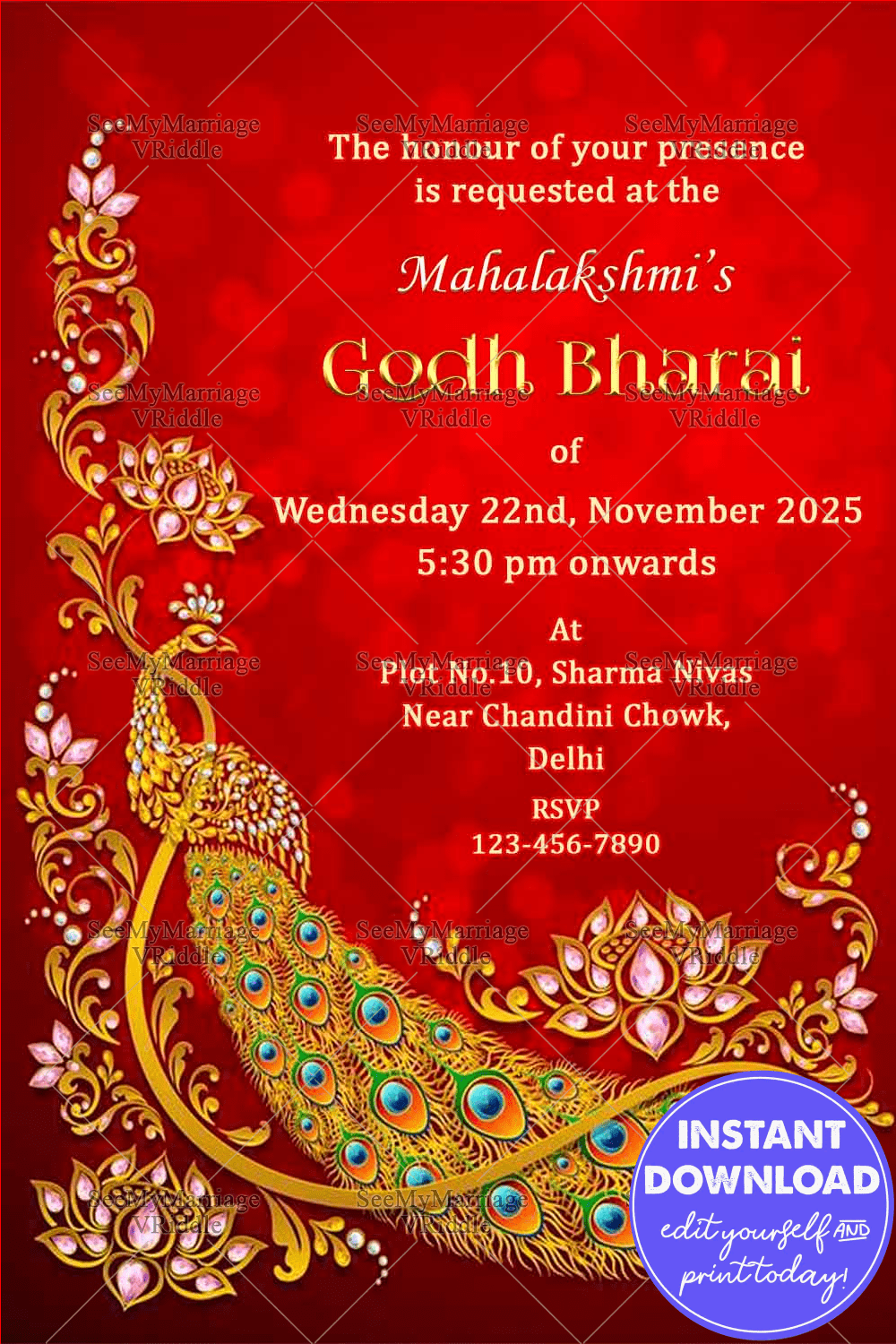 Royal Traditional Peacock and Red Theme Godh Bharai Invitation Card
