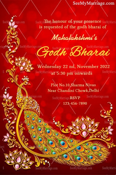 Royal Traditional Peacock & Red Theme Godh Bharai Invitation Crad