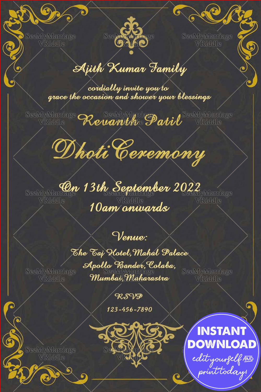 Simple Traditional Dhoti Ceremony Invitation Card With Gray Theme