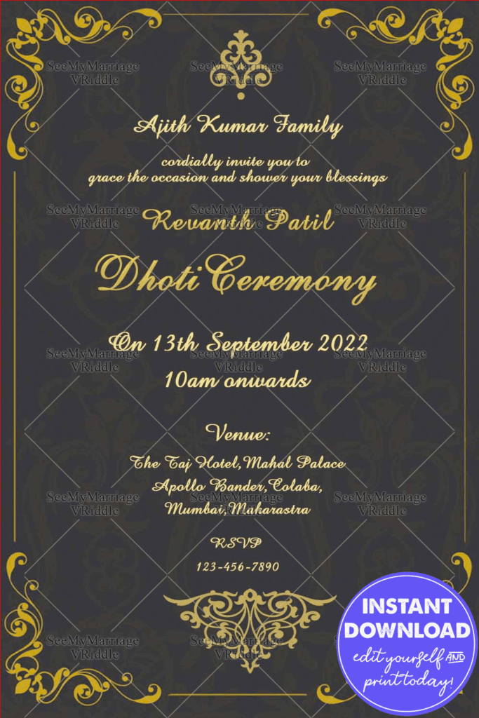 Simple Traditional Dhoti Ceremony Invitation Card With Gray Theme