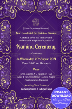 Simple Violet And Golden Theme Naming Ceremony Invitation Card