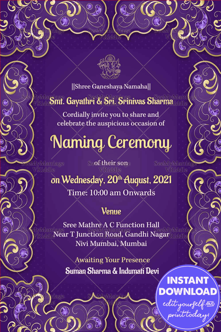 Simple Violet And Golden Theme Naming Ceremony Invitation Card
