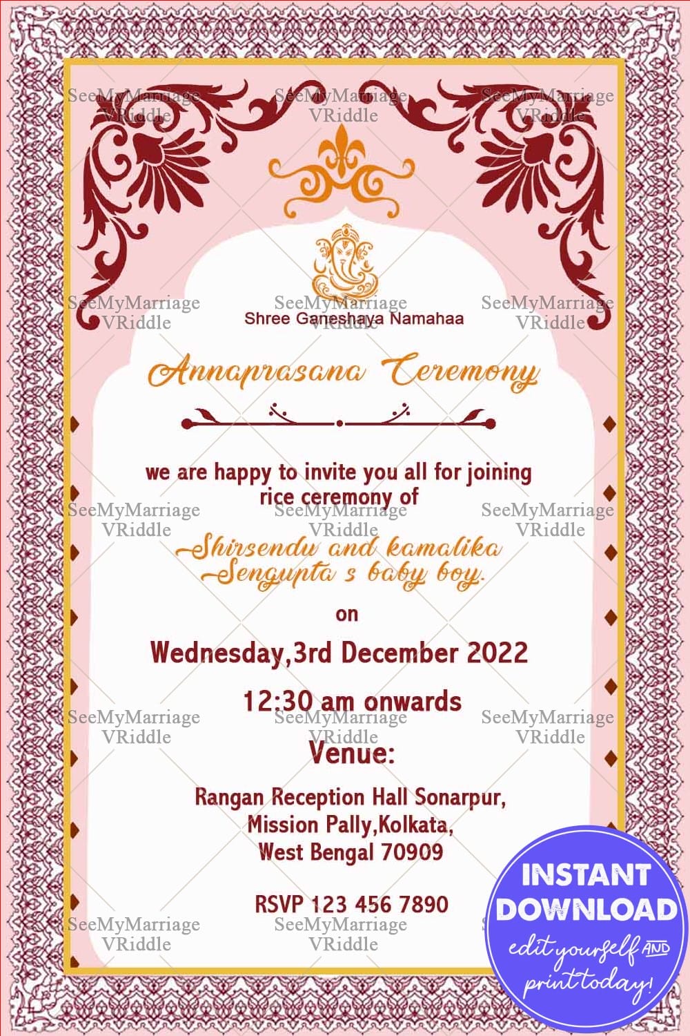 Traditional Annaprashan Invitation Card With Baby Pink & White Theme