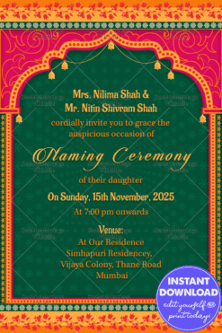 Traditional Arc With Pink & Green Theme Naming Ceremony Invitation Card