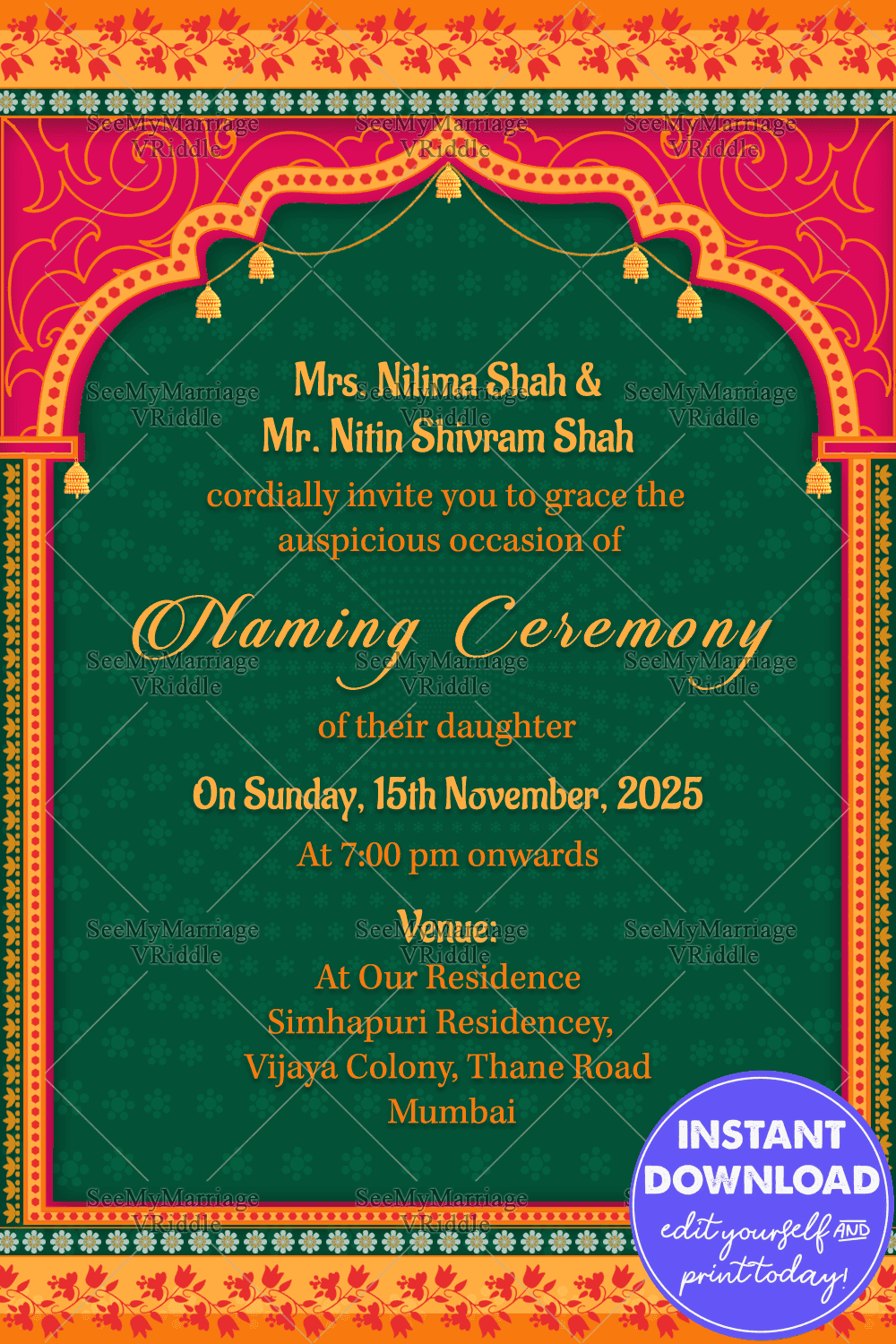 Traditional Arc With Pink & Green Theme Naming Ceremony Invitation Card