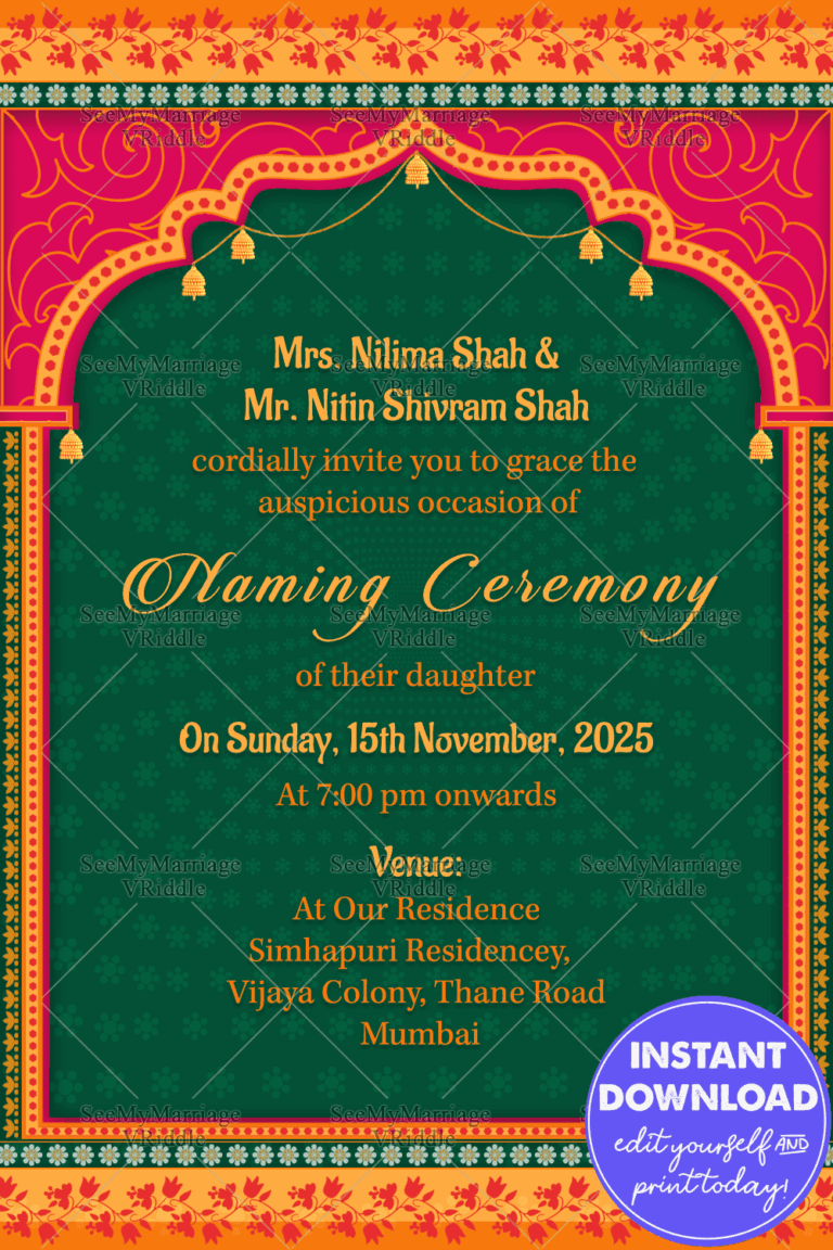 Traditional Arc With Pink &amp; Green Theme Naming Ceremony Invitation Card