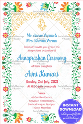 Traditional Floral Elements Annaprasana Invitation Card Light Green Theme