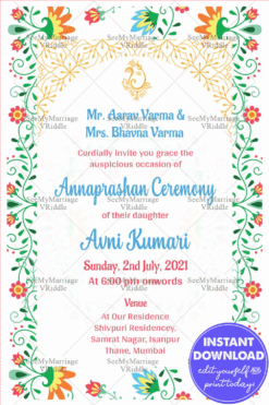 Traditional Floral Elements Annaprasana Invitation Card Light Green Theme