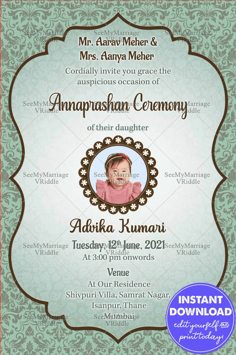 Traditional Floral Elements Annaprasana Invitation Card Light Green Theme