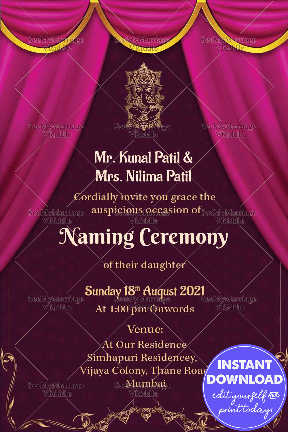 Traditional Pink Theme Naming Ceremony Invitation Card With Curtain