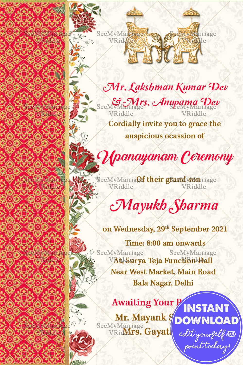 Traditional Red And Gold Floral Theme Upanayanam Invitation Card