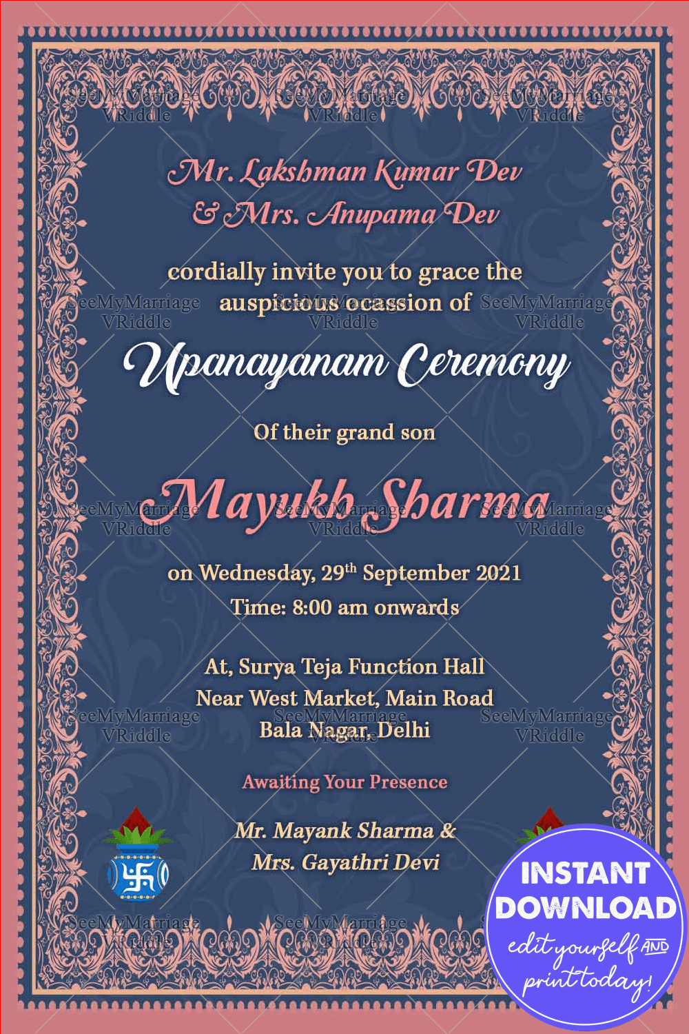 Traditional Upanayanam Ceremony Invitation Card In Navy Blue Theme With Pink Border
