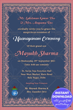 Traditional Upanayanam Ceremony Invitation Card In Navy Blue Theme With Pink Border