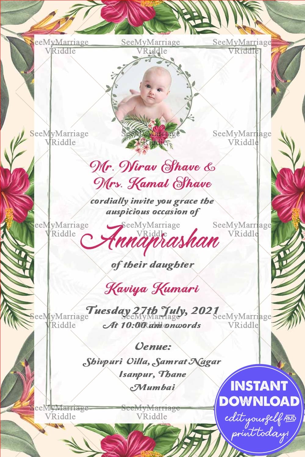 Tropical Flowers Annaprasana Invitation Card With Light Pink Theme