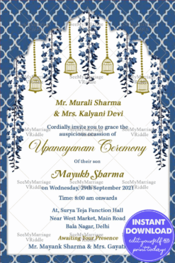 Vintage Blue Theme Dhoti Ceremony Invitation Card With Hanging Florals