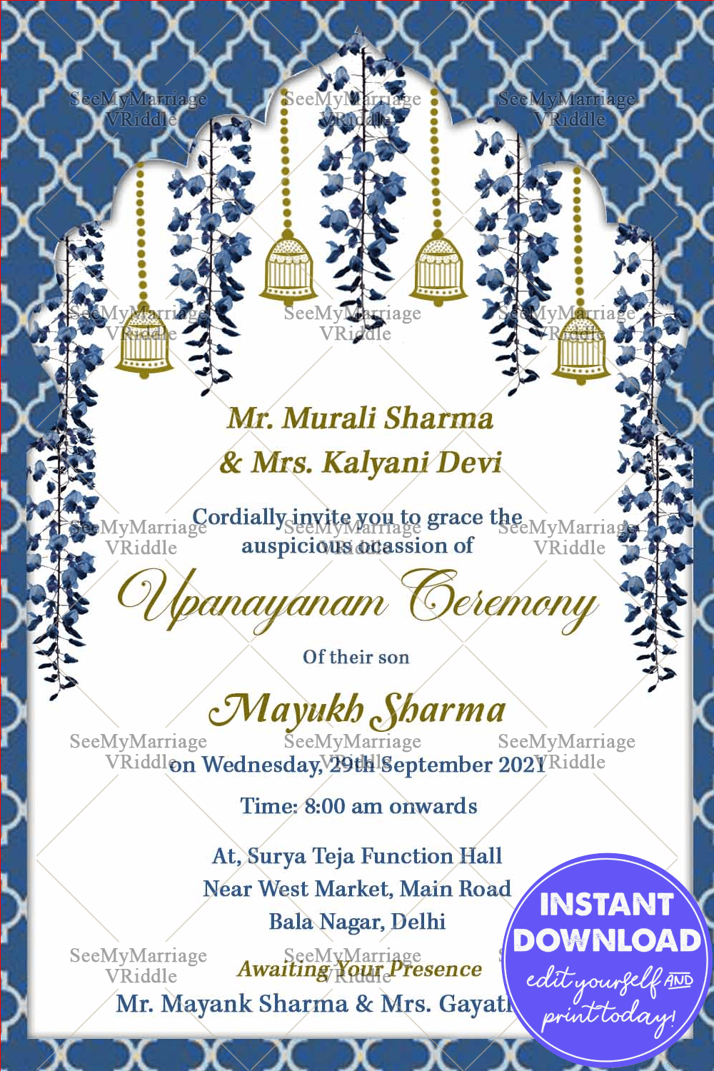 Vintage Blue Theme Dhoti Ceremony Invitation Card With Hanging Florals