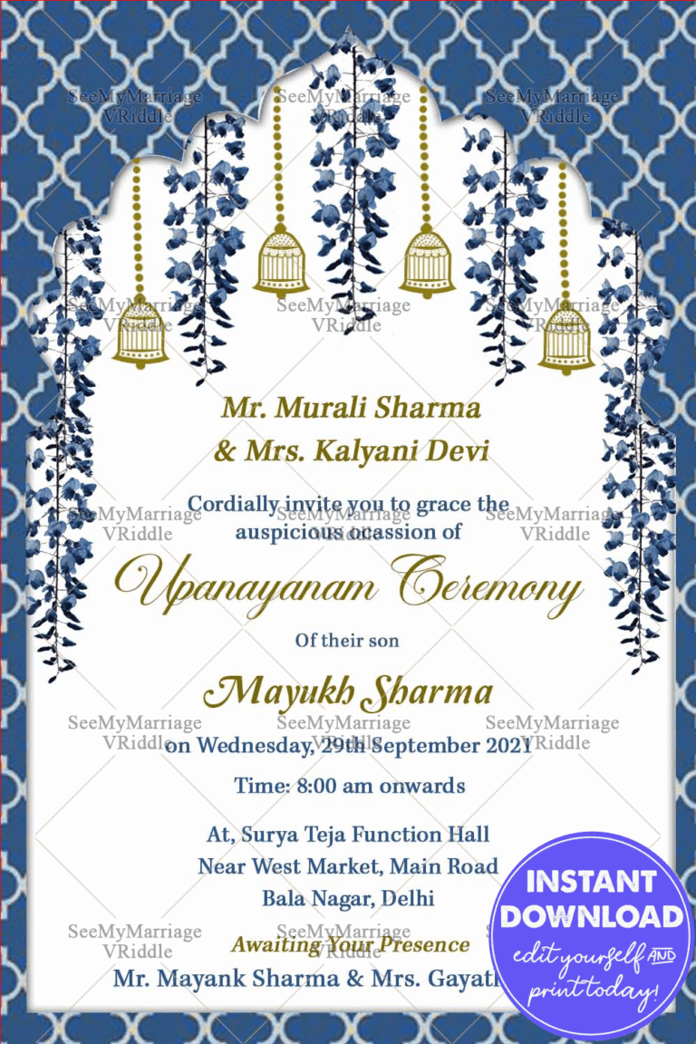 Vintage Blue Theme Dhoti Ceremony Invitation Card With Hanging Florals
