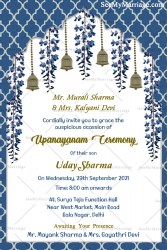 Vintage Blue Theme Dhoti Ceremony Invitation Card With Hanging Florals