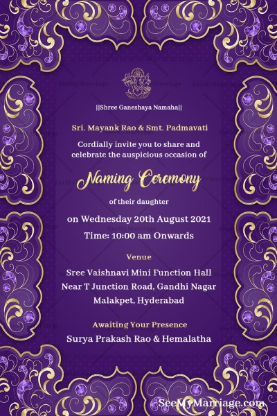 Simple Violet And Golden Theme Naming Ceremony Invitation Card ...