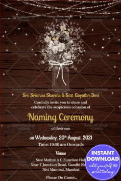 Wood Background String Lights Floral Theme Naming Ceremony Invitation Card