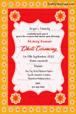 Simple Dhoti Ceremony Invitation Card With Red & Yellow Theme