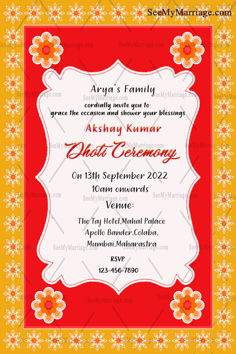 Simple Dhoti Ceremony Invitation Card With Red &amp; Yellow Theme