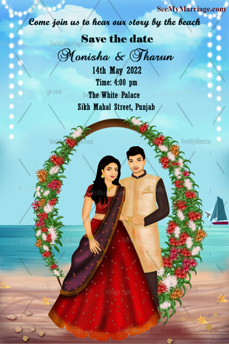 Cute Couple & Sea Theme Wedding Invitation Card
