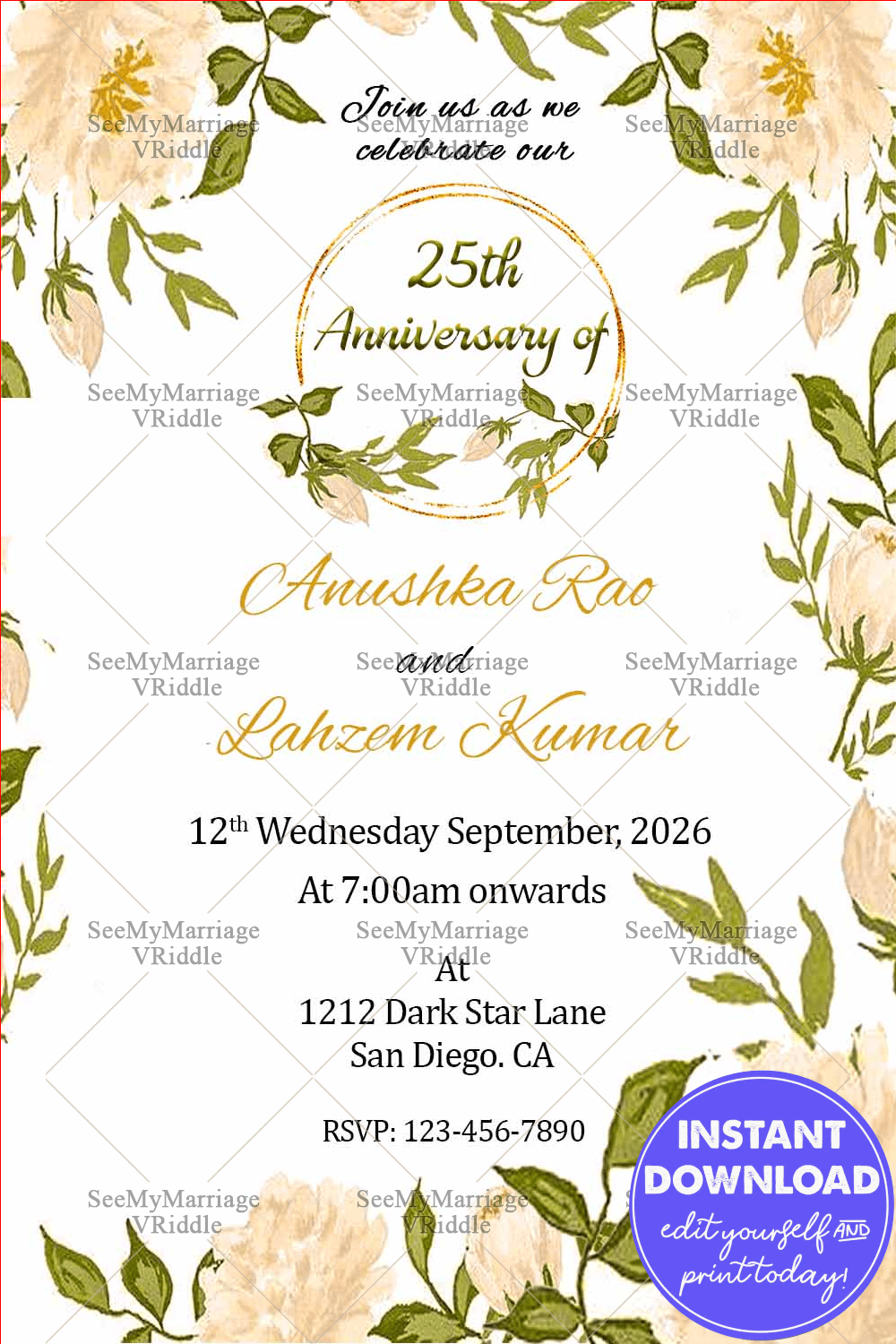 Simple Floral Flowers Background Theme Anniversary Invitation Card