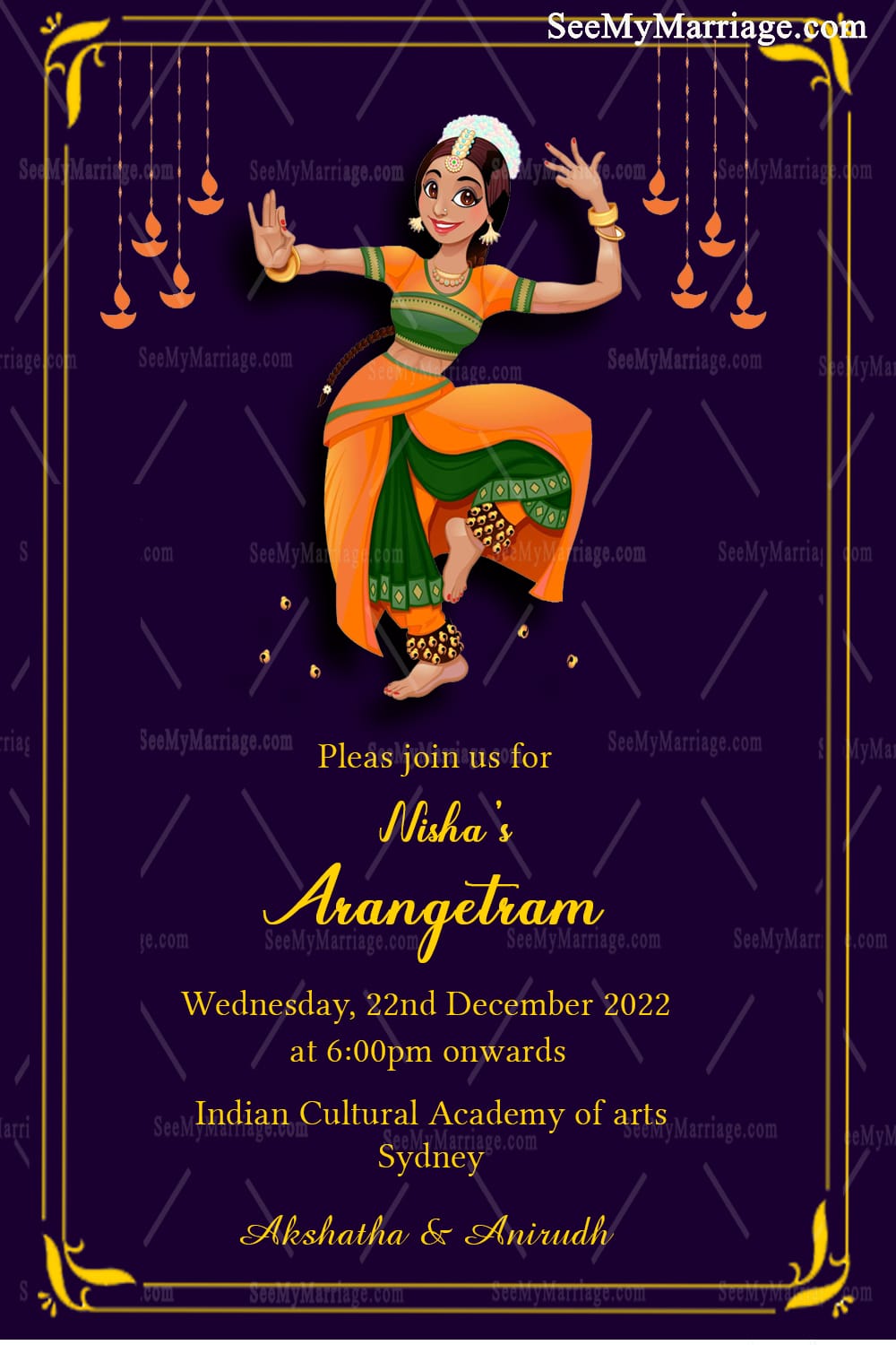 Simple Persian Blur Theme Arangetram Invitation Card