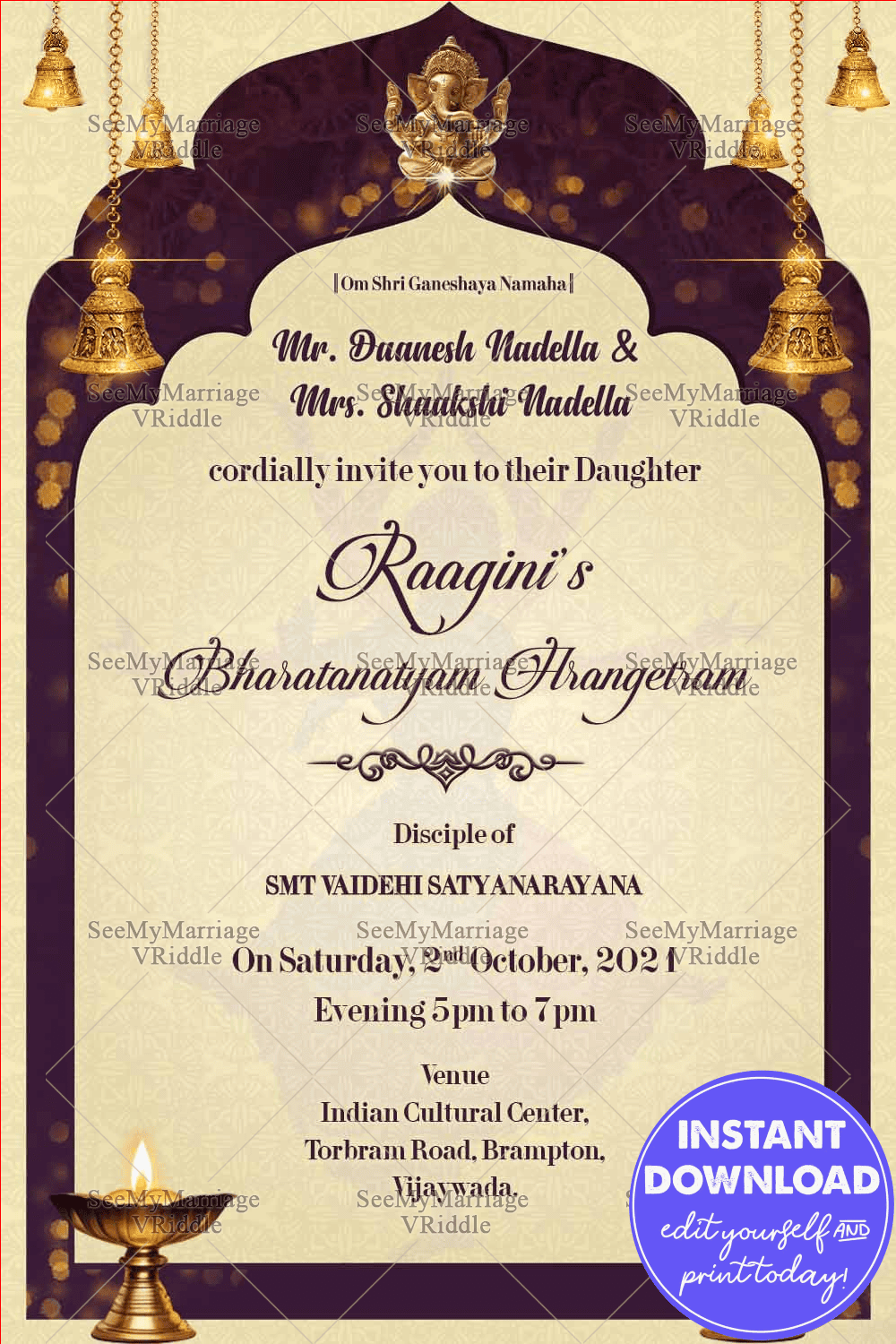 Arch Frame And Diya Arangetram Invitation Card With Burgundy Background Theme