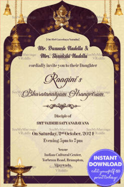 Arch Frame And Diya Arangetram Invitation Card With Burgundy Background Theme