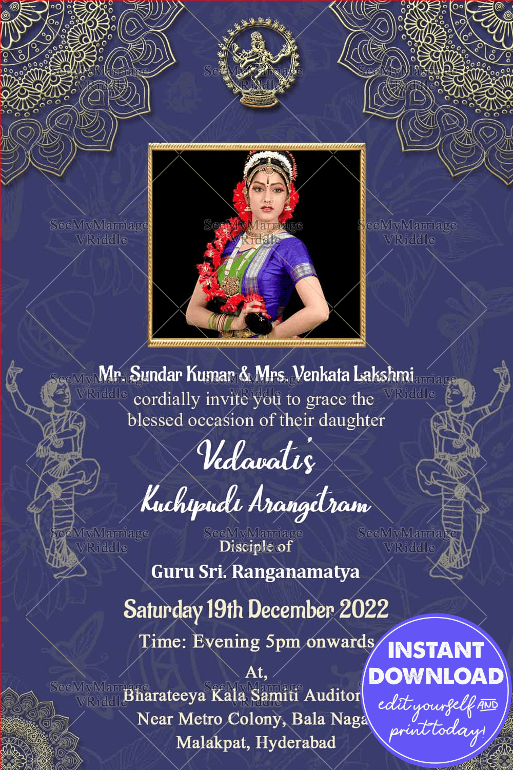 Blue Theme Golden Mandala Decorated Arangetram Invitation Card
